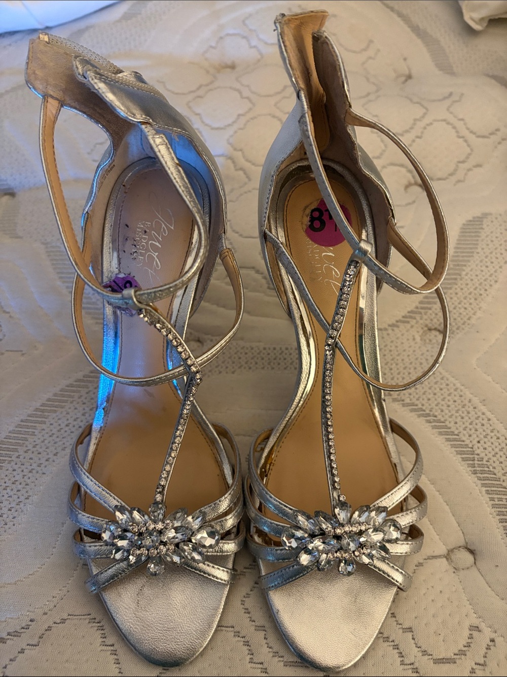 Badgley Mischka Silver Crystal T-Strap Evening Heels